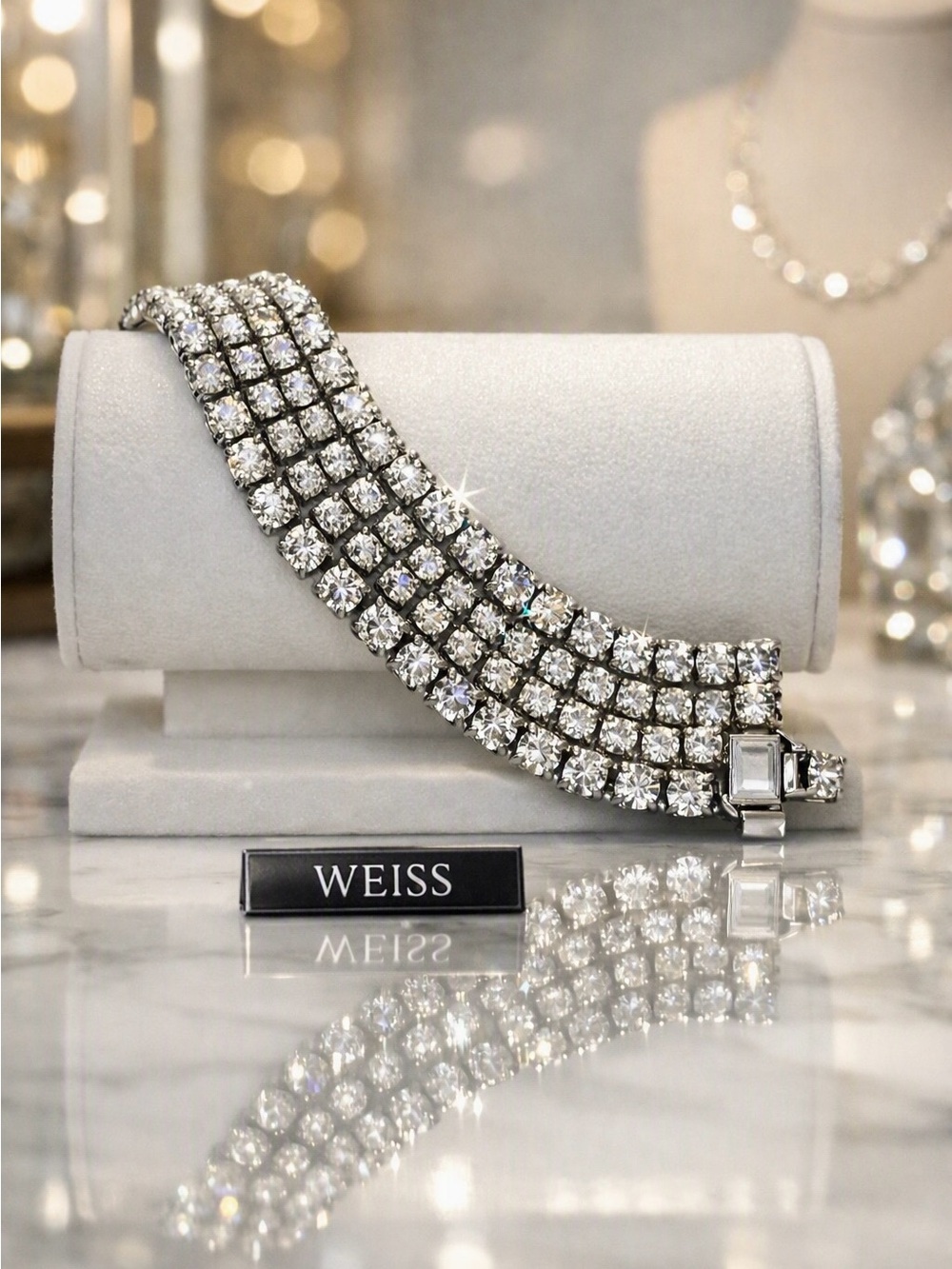 Luminous Vintage Albert Weiss Silver Crystal Four-Row Tennis Bracelet - 6.25”